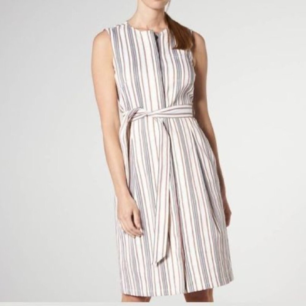 L.K. Bennett ROMANIA 🇷🇴 Made LINEN Blend Cream Catrin Tie Belt Stripe Dress 14